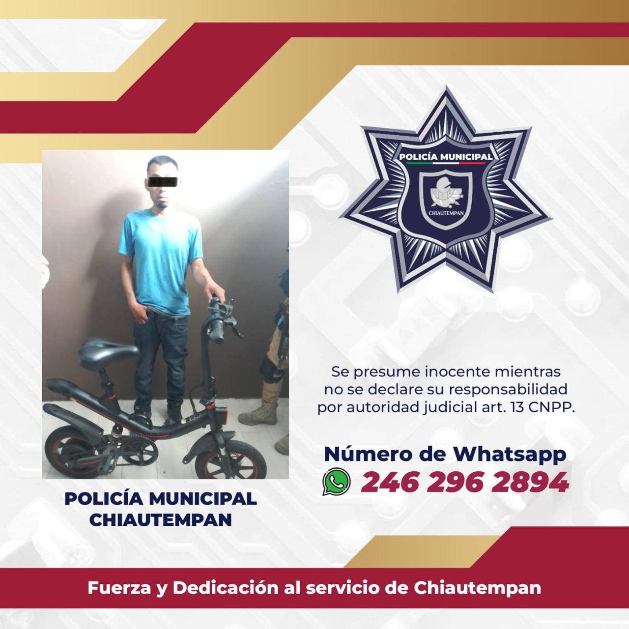 Detiene Policía de Chiautempan a sujeto por hurto