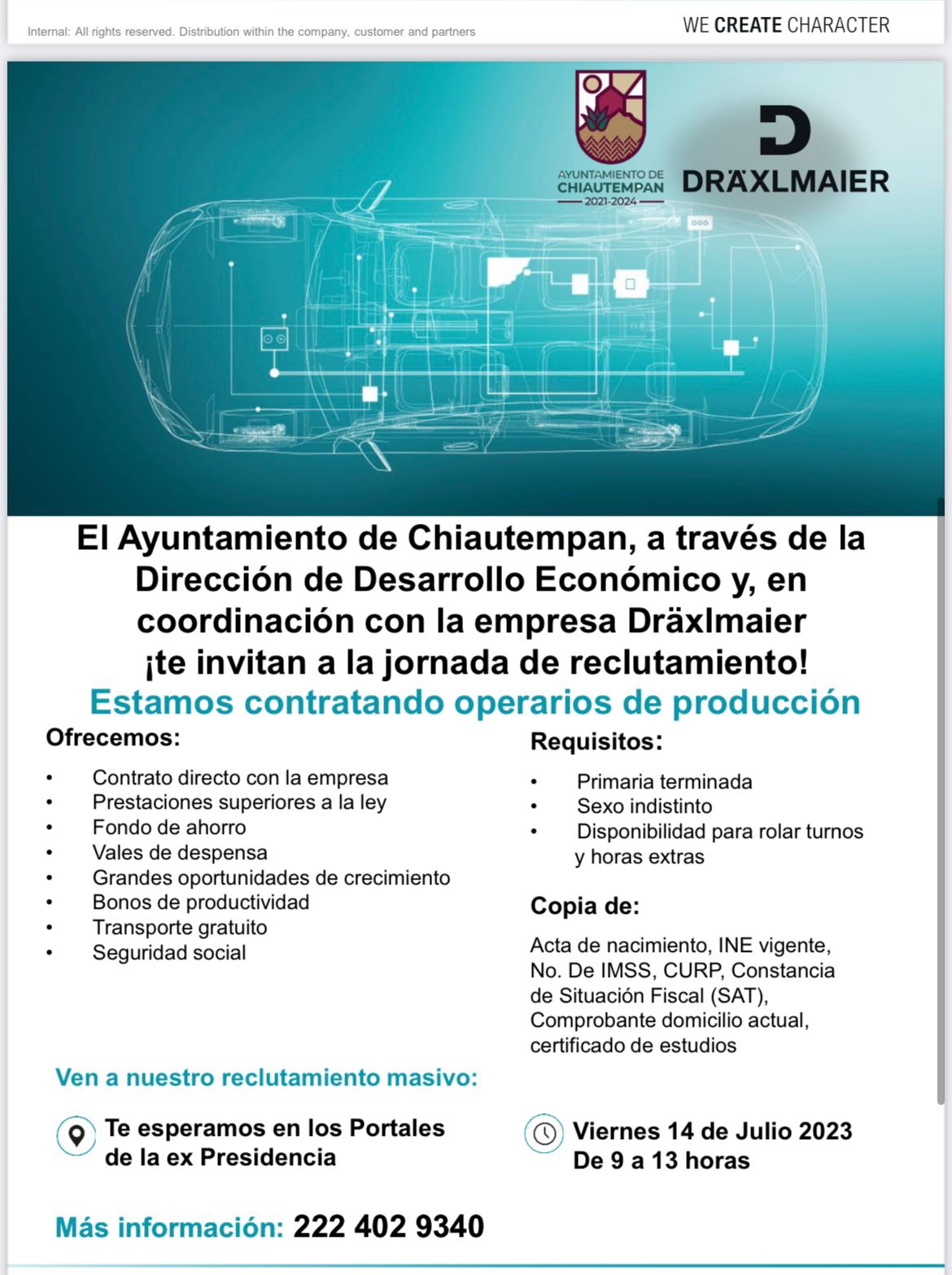 Convoca Ayuntamiento de Chiautempan a Jornada de reclutamiento de empresa Dräxlmaier